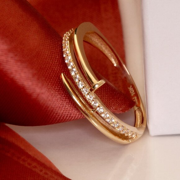 10K Yellow Gold Nail Ring, Dainty CZ Pave Ring, Size 7 - Picture 11 of 13